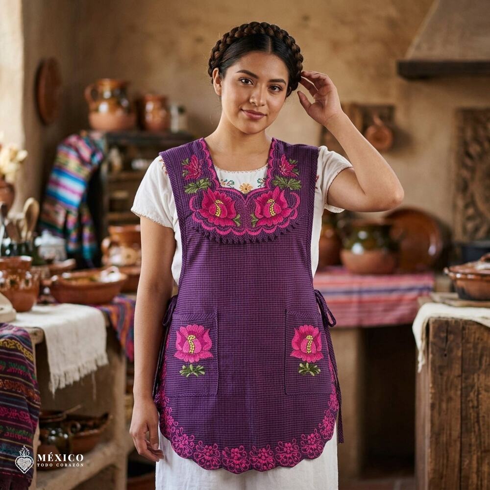 Mexican Embroidered Smock Apron – Floral Traditional Design